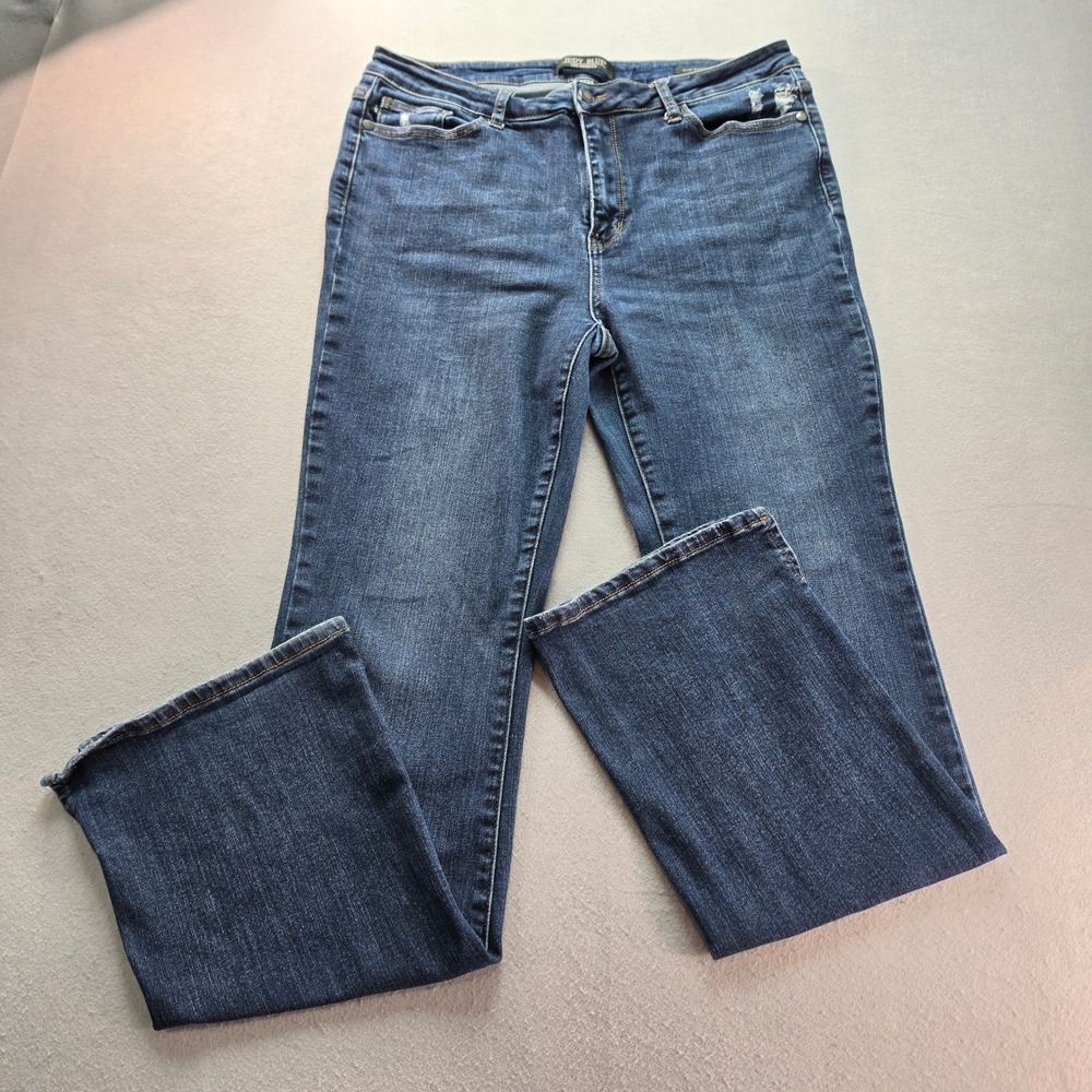 Judy Blue Slim Bootcut Jeans Dark Wash Distressed Side Slit Western 15/32